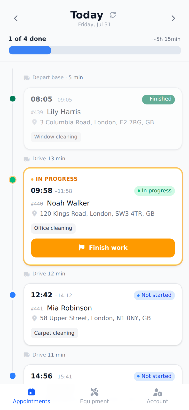 Technician app showing the day's route